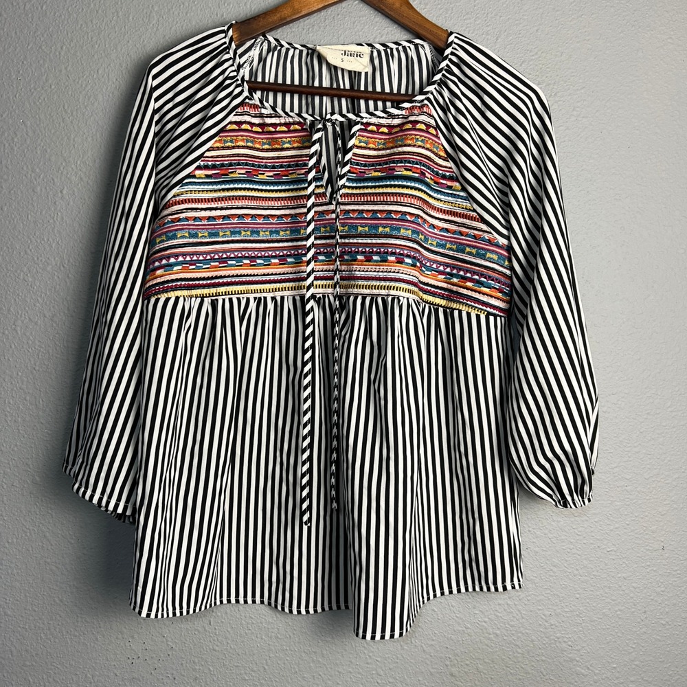 Savana Jane Peasant Cotton Blouse Embroidered Striped Tie Neck‎ Top Boxy Size